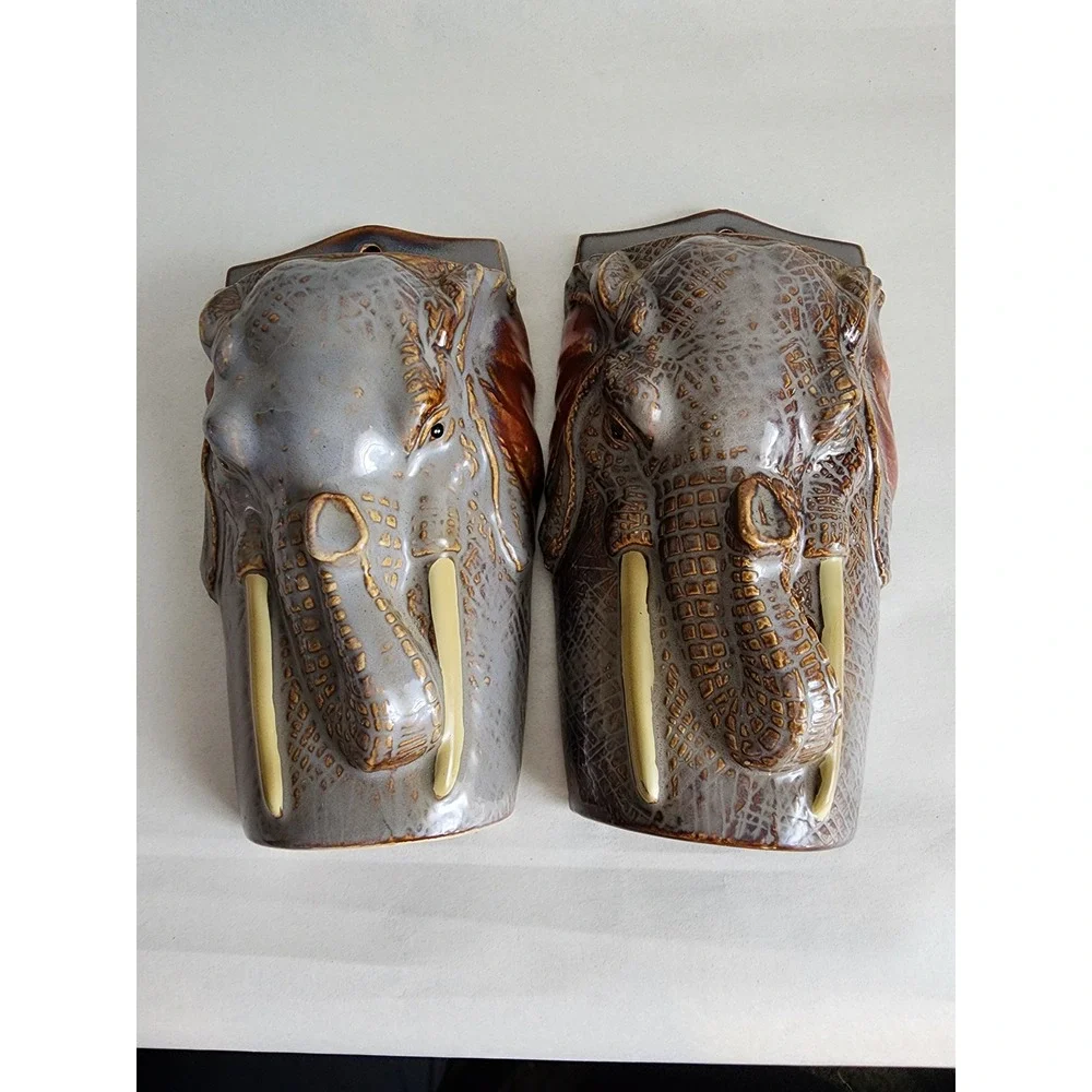 Vintage Ceramic Elephant Head Wall Pocket Planter Set Grey Brown Drip Glaze 6in